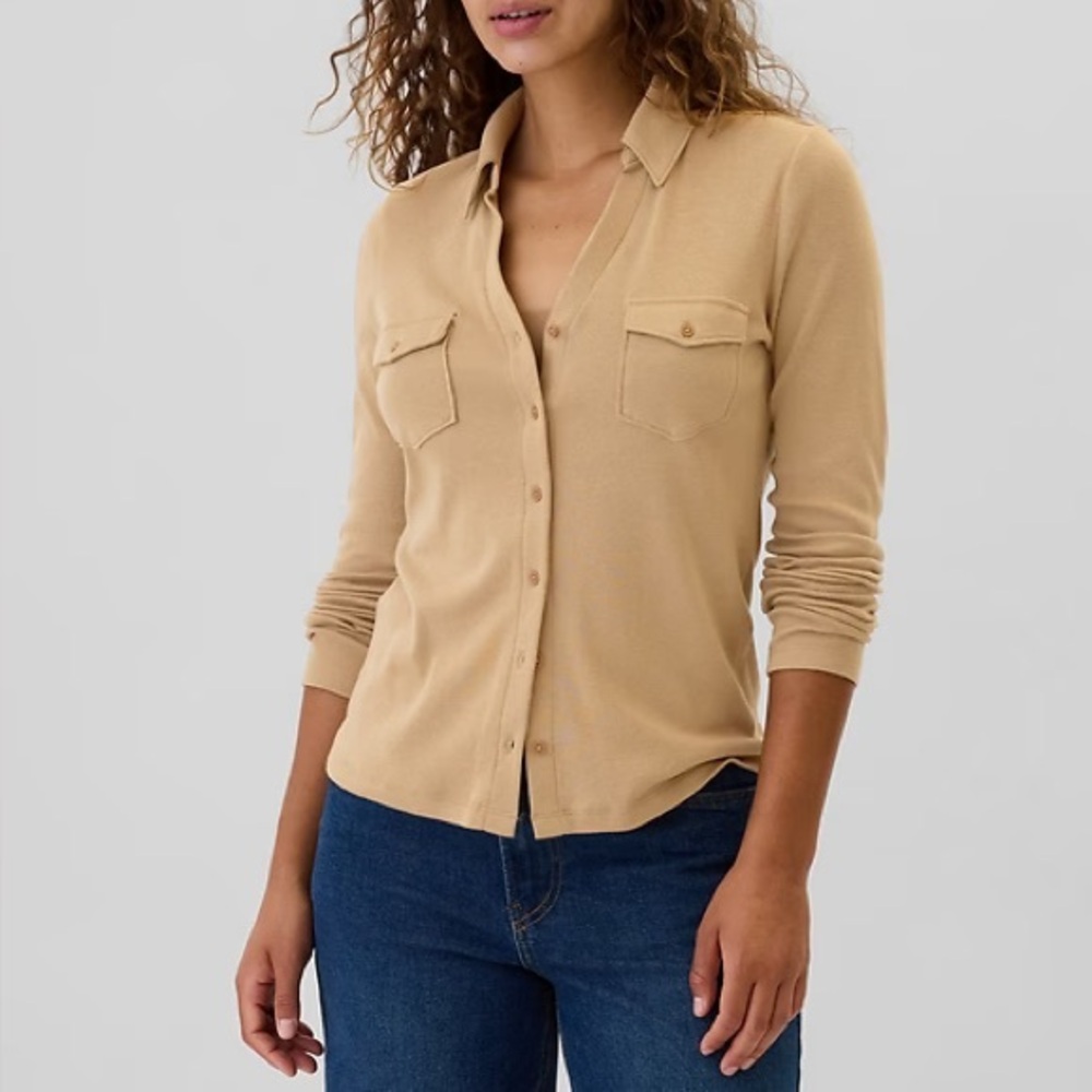 Gap Super Soft Modal Blend Modern Button Front Utility Shirt Long‎ Sleeve Tan